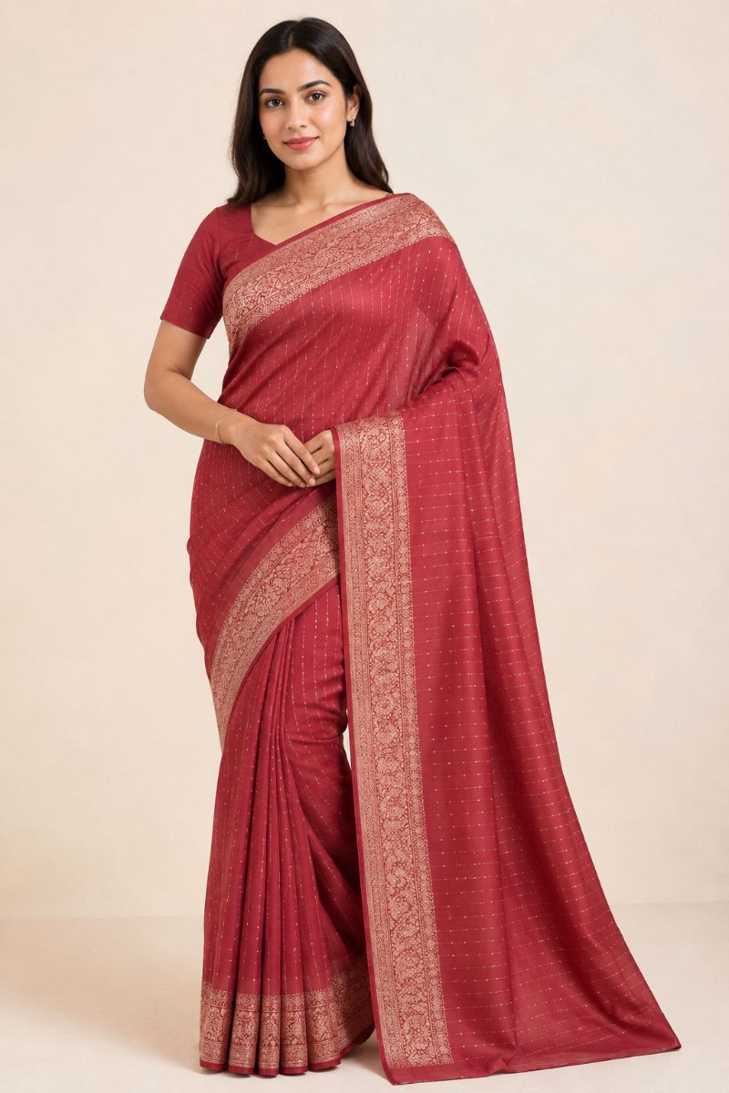 Tikli Viscose Saree – Maroon Red with Antique Gold Floral Border - Tikli Viscose Saree in Maroon Red / Antique Gold