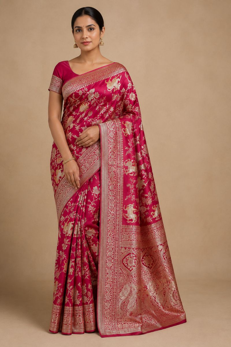 Shikargah Banarasi Saree – Rani Pink with Antique Gold Motifs - Banarasi Silk Saree in Rani Pink / Antique Gold