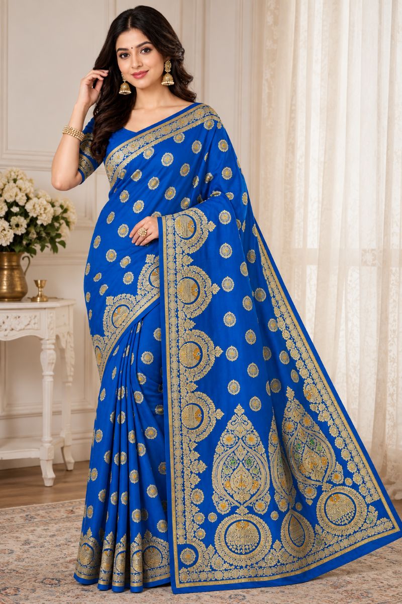 Banarasi Katan Silk Saree – Royal Blue Zari Buti - Silk Saree in Royal Blue