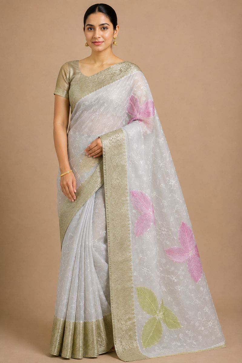 Chikankari Saree – Soft Grey with Multicolor Floral Motifs - Chikankari Saree in Soft Grey / Lime Green / Pink / Green / White